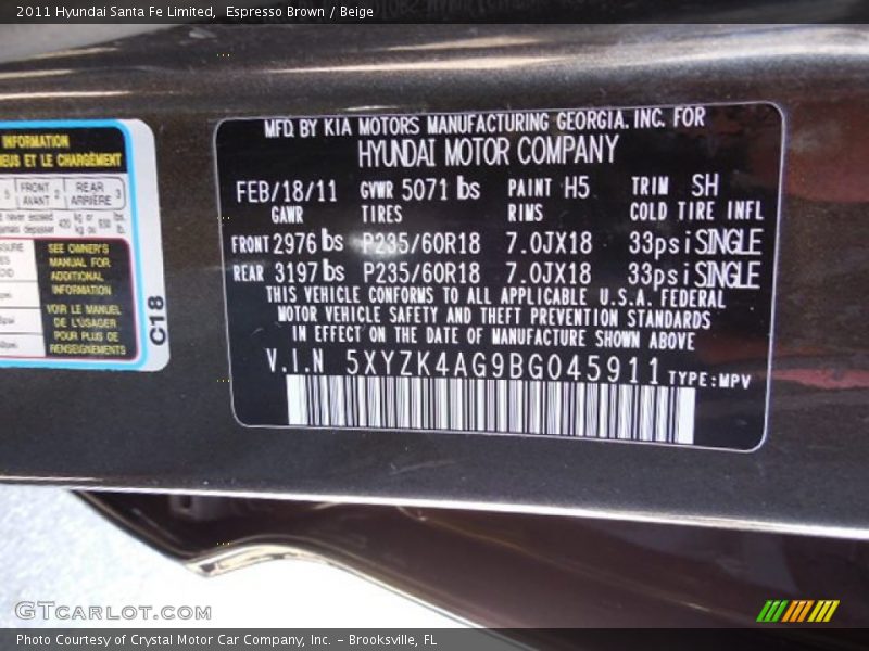 Espresso Brown / Beige 2011 Hyundai Santa Fe Limited