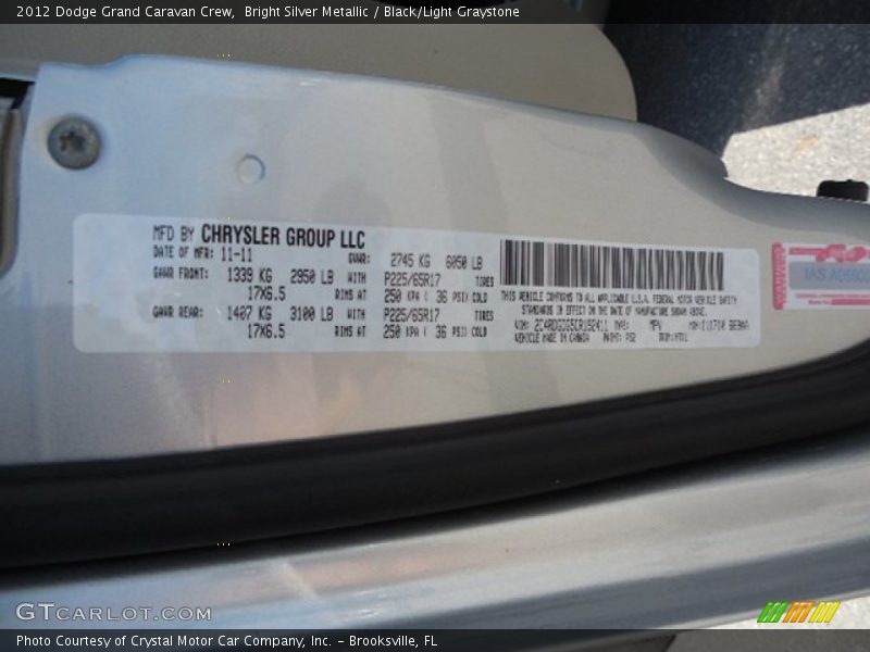 Bright Silver Metallic / Black/Light Graystone 2012 Dodge Grand Caravan Crew