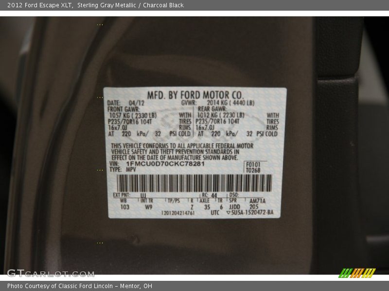 Sterling Gray Metallic / Charcoal Black 2012 Ford Escape XLT