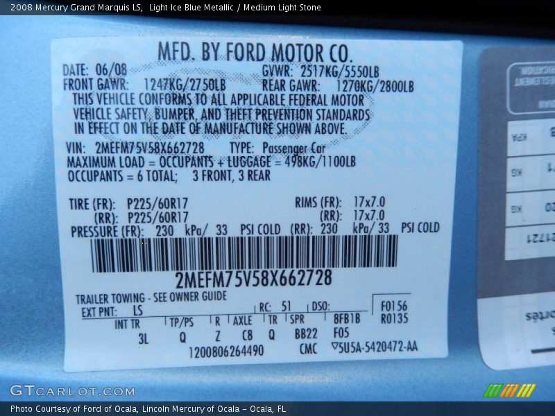 2008 Grand Marquis LS Light Ice Blue Metallic Color Code LS