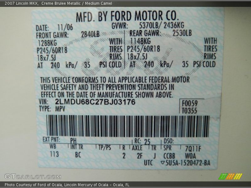 2007 MKX  Creme Brulee Metallic Color Code PH