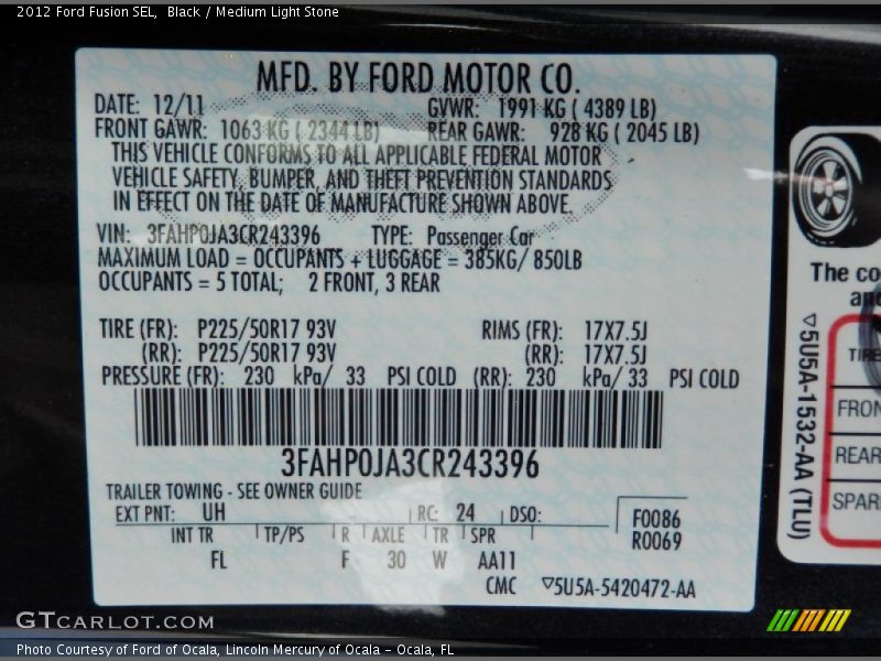 2012 Fusion SEL Black Color Code UH