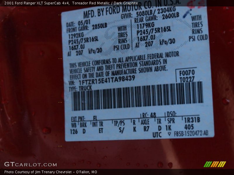Toreador Red Metallic / Dark Graphite 2001 Ford Ranger XLT SuperCab 4x4