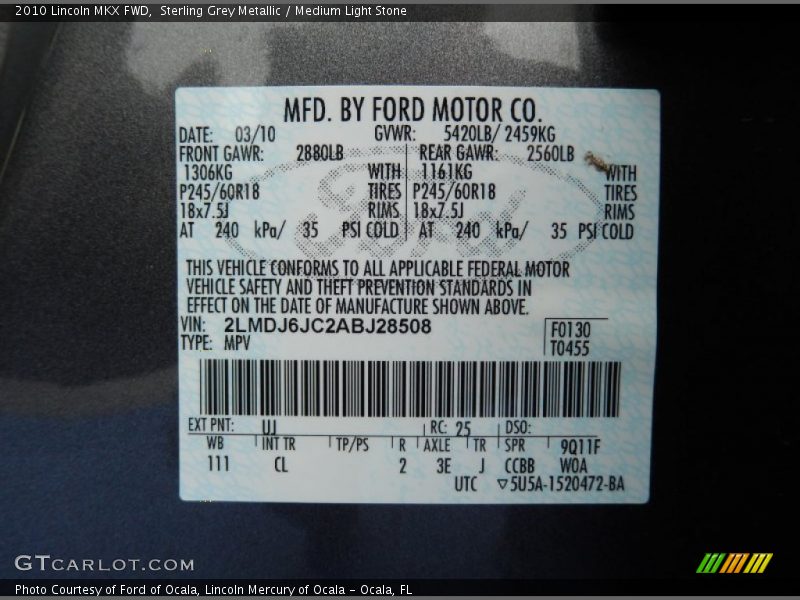Sterling Grey Metallic / Medium Light Stone 2010 Lincoln MKX FWD