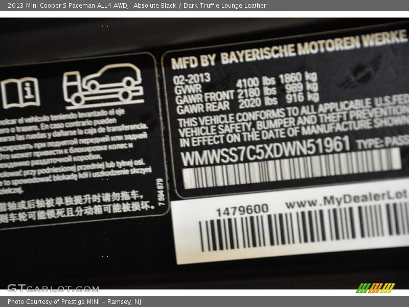 Absolute Black / Dark Truffle Lounge Leather 2013 Mini Cooper S Paceman ALL4 AWD