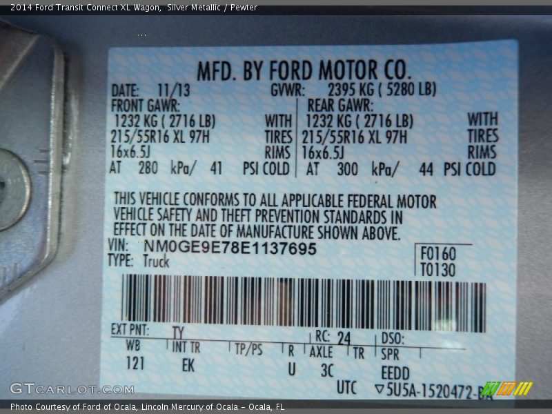 2014 Transit Connect XL Wagon Silver Metallic Color Code TY