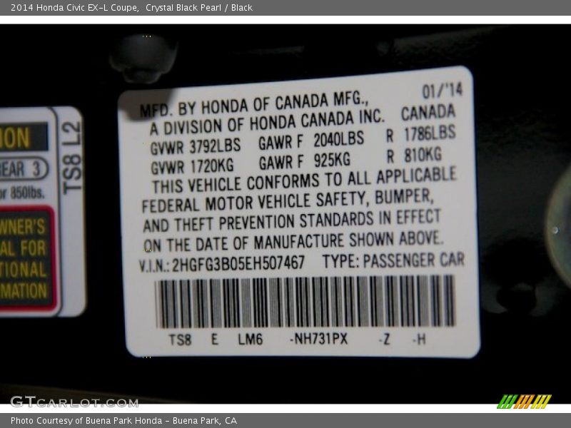 2014 Civic EX-L Coupe Crystal Black Pearl Color Code NH731PX