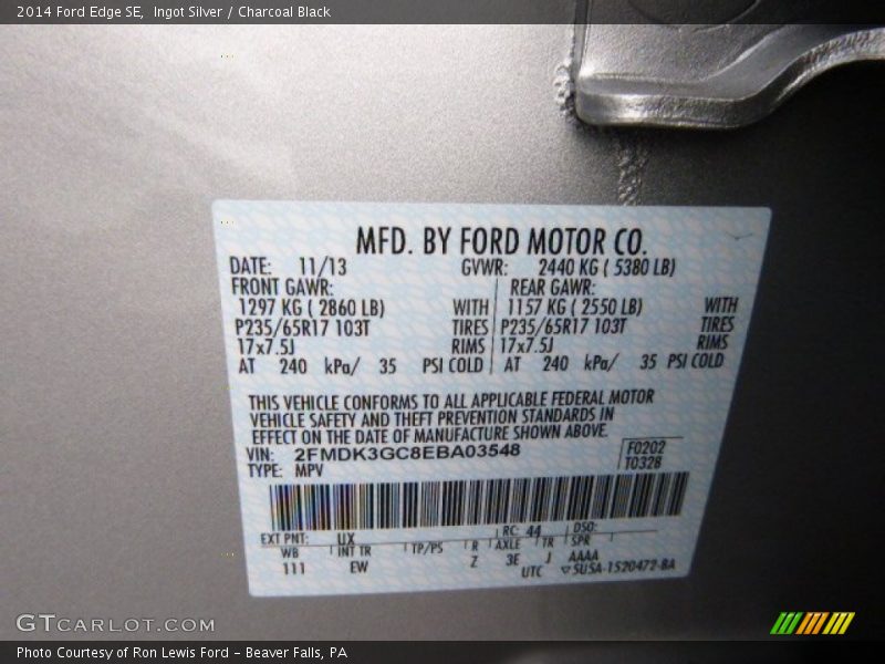 Ingot Silver / Charcoal Black 2014 Ford Edge SE