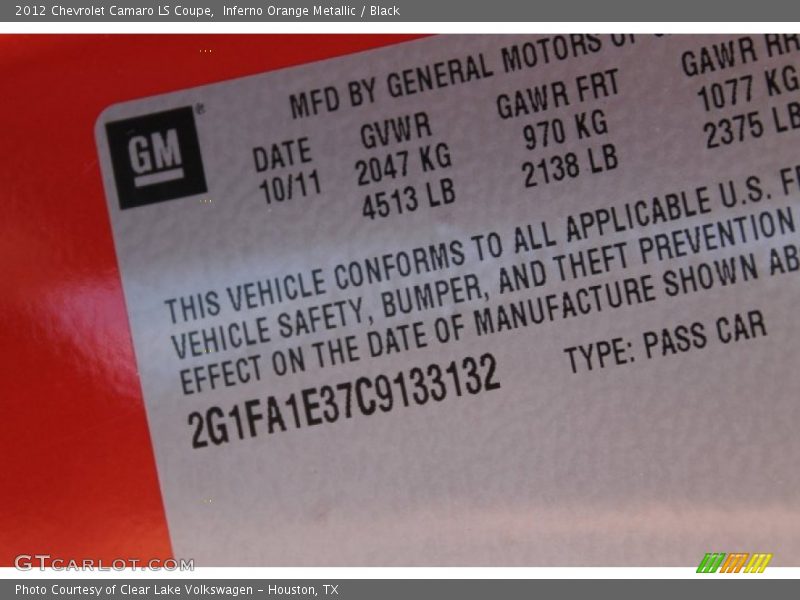 Inferno Orange Metallic / Black 2012 Chevrolet Camaro LS Coupe