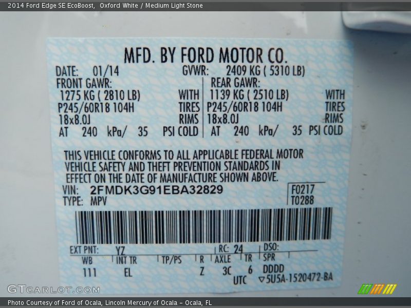 Oxford White / Medium Light Stone 2014 Ford Edge SE EcoBoost