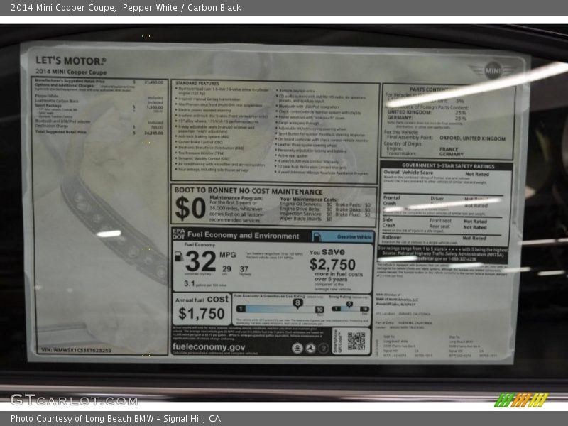  2014 Cooper Coupe Window Sticker