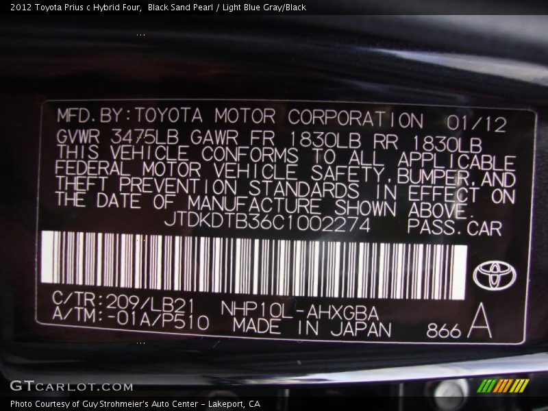 Black Sand Pearl / Light Blue Gray/Black 2012 Toyota Prius c Hybrid Four