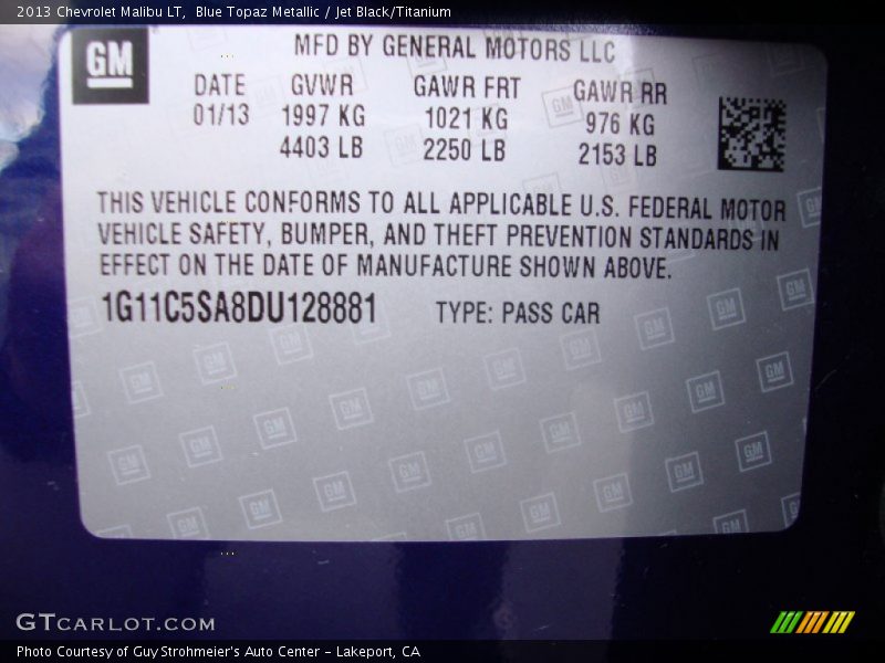 Blue Topaz Metallic / Jet Black/Titanium 2013 Chevrolet Malibu LT