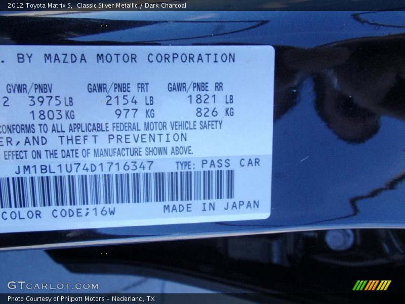 2012 Matrix S Classic Silver Metallic Color Code 16W