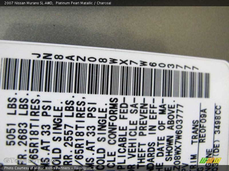 Platinum Pearl Matallic / Charcoal 2007 Nissan Murano SL AWD