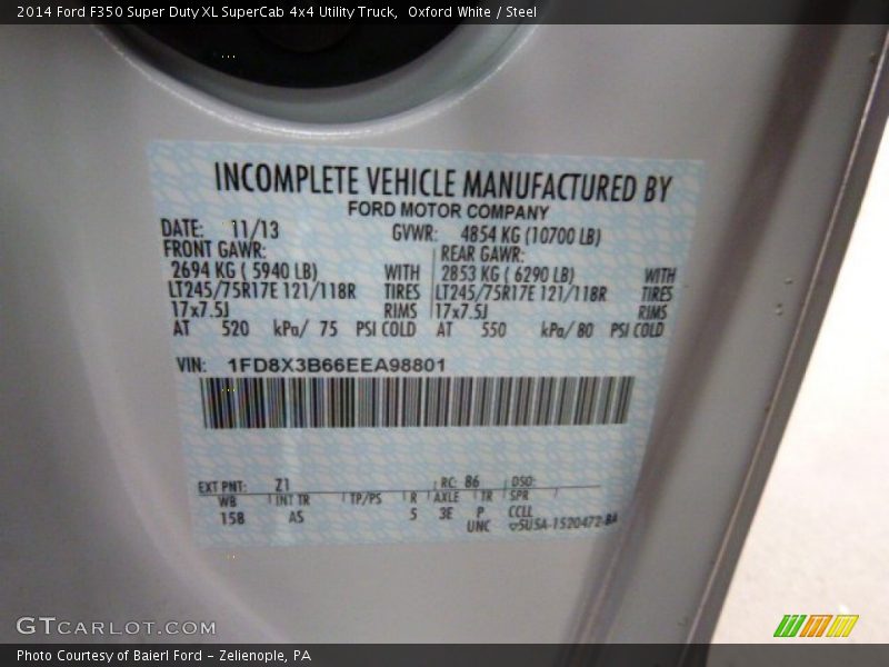 2014 F350 Super Duty XL SuperCab 4x4 Utility Truck Oxford White Color Code Z1