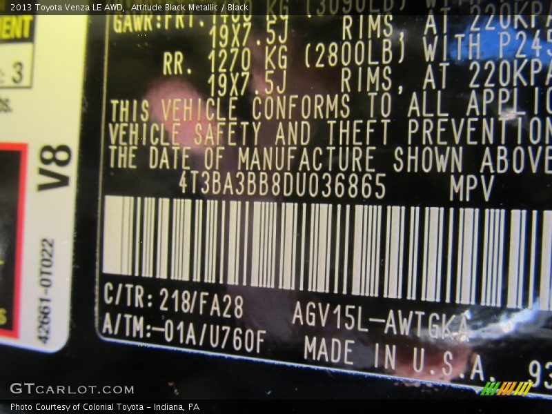 Attitude Black Metallic / Black 2013 Toyota Venza LE AWD