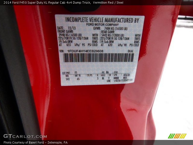 2014 F450 Super Duty XL Regular Cab 4x4 Dump Truck Vermillion Red Color Code F1