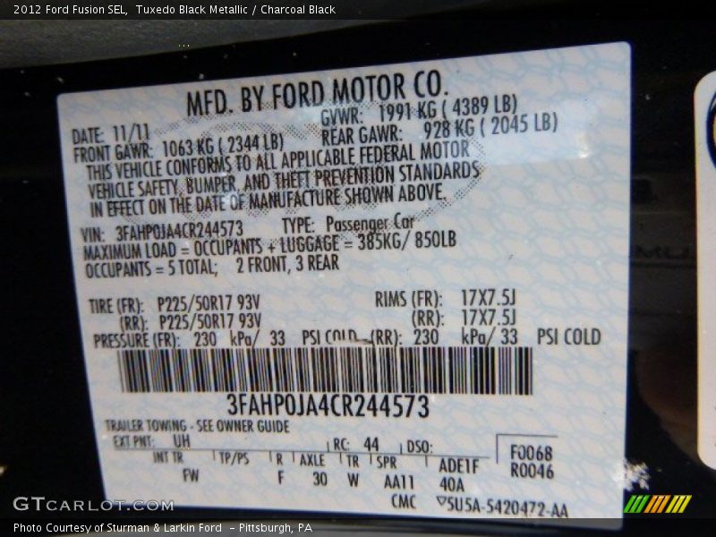 Tuxedo Black Metallic / Charcoal Black 2012 Ford Fusion SEL