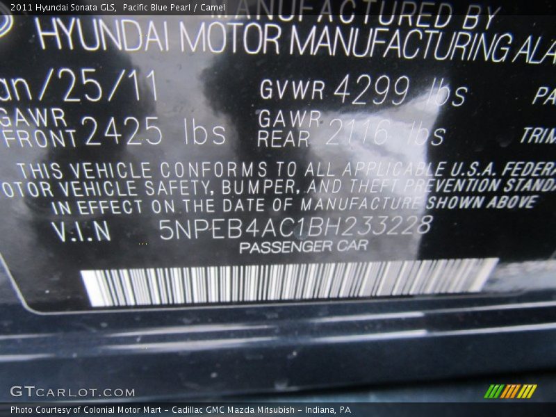 Pacific Blue Pearl / Camel 2011 Hyundai Sonata GLS