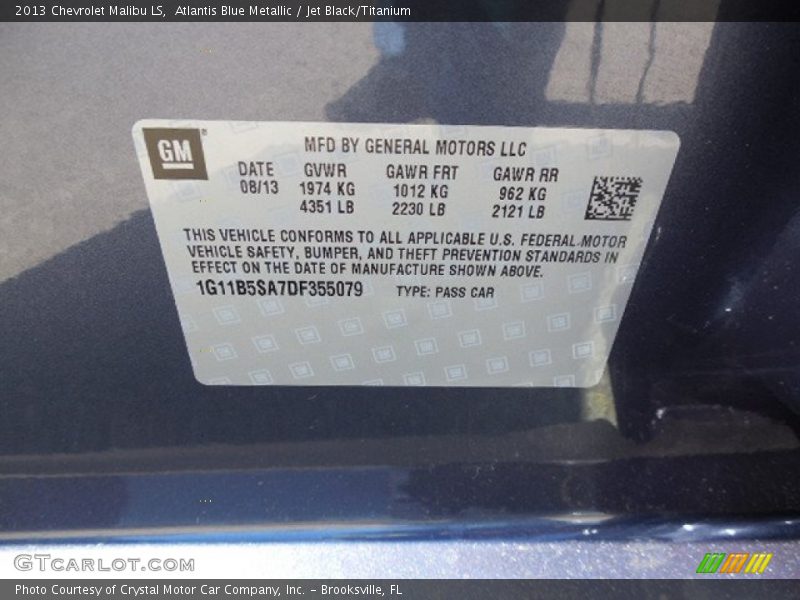 Atlantis Blue Metallic / Jet Black/Titanium 2013 Chevrolet Malibu LS