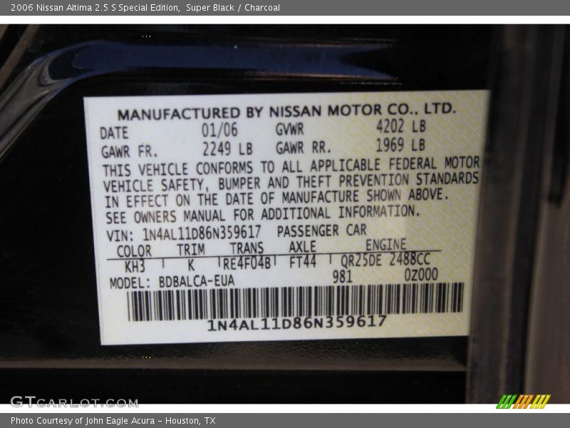 2006 Altima 2.5 S Special Edition Super Black Color Code KH3