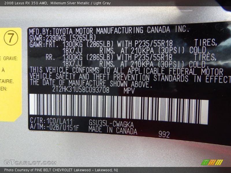 Millenium Silver Metallic / Light Gray 2008 Lexus RX 350 AWD