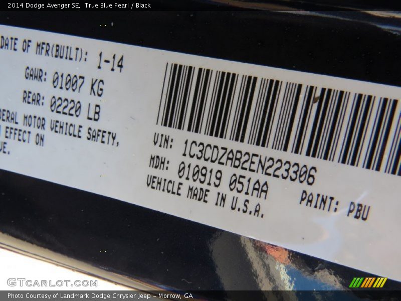 True Blue Pearl / Black 2014 Dodge Avenger SE