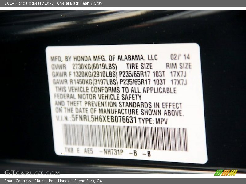 Crystal Black Pearl / Gray 2014 Honda Odyssey EX-L