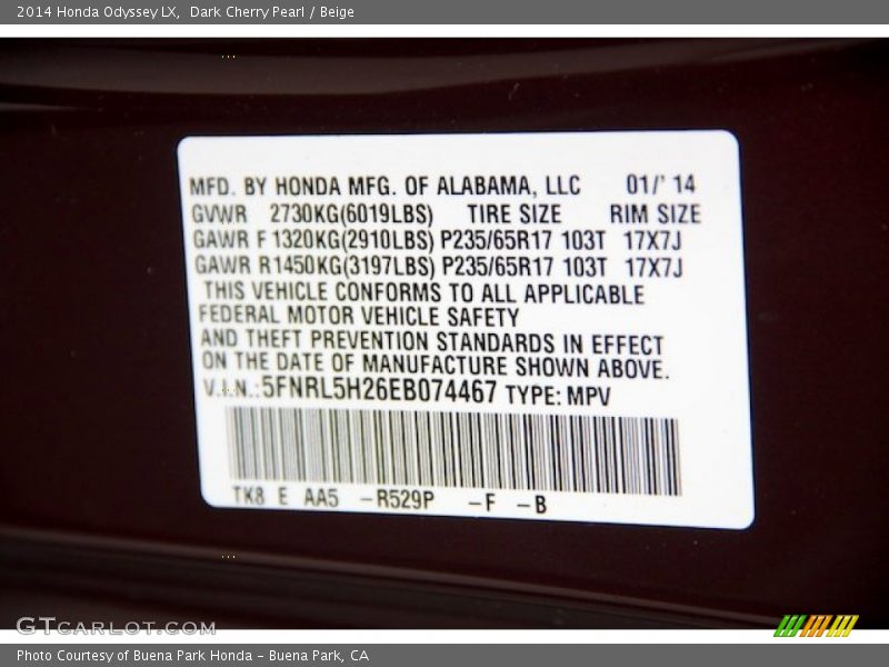 Dark Cherry Pearl / Beige 2014 Honda Odyssey LX