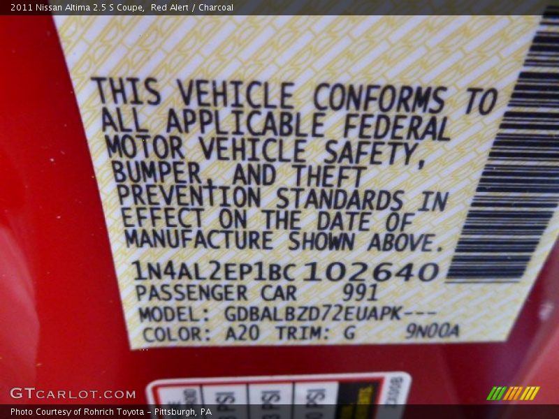 Red Alert / Charcoal 2011 Nissan Altima 2.5 S Coupe