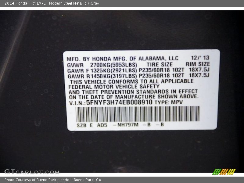 Modern Steel Metallic / Gray 2014 Honda Pilot EX-L