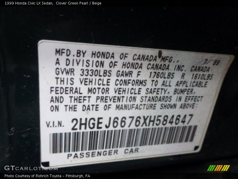Clover Green Pearl / Beige 1999 Honda Civic LX Sedan