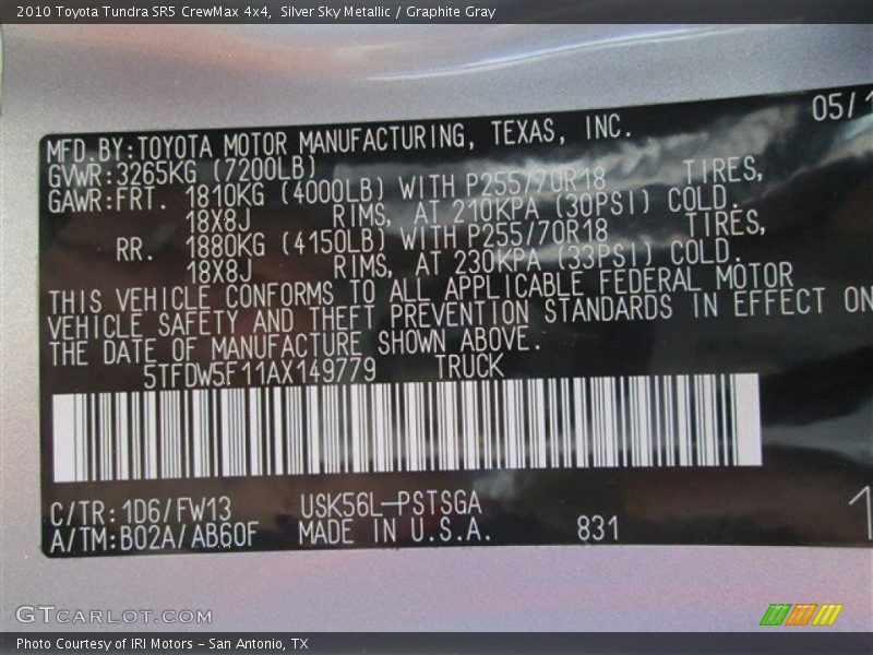 Silver Sky Metallic / Graphite Gray 2010 Toyota Tundra SR5 CrewMax 4x4