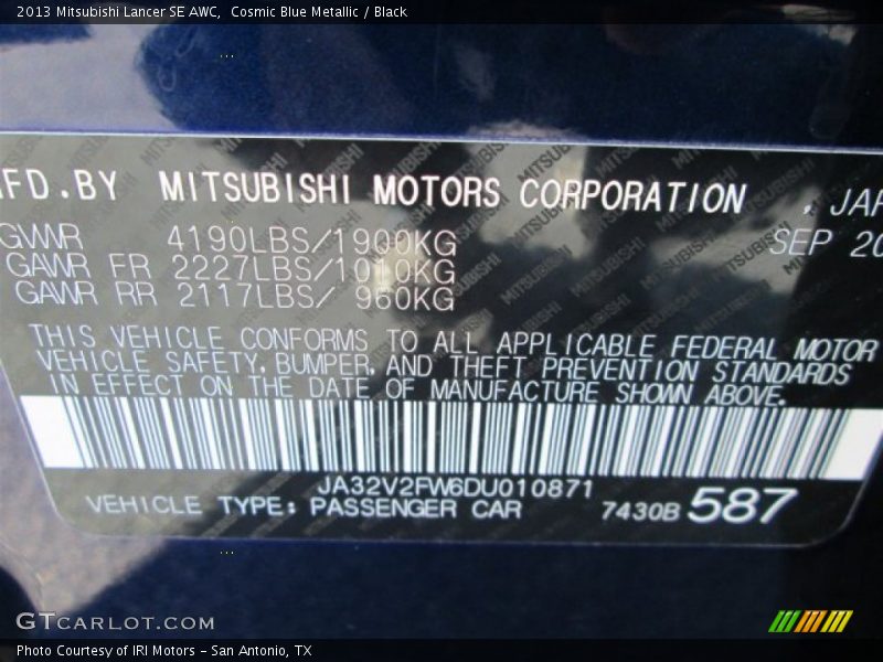Cosmic Blue Metallic / Black 2013 Mitsubishi Lancer SE AWC