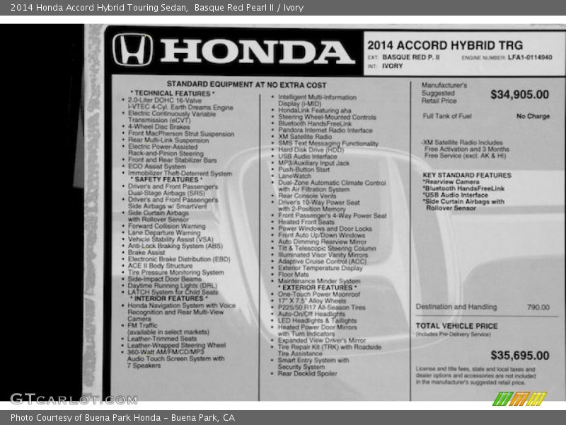  2014 Accord Hybrid Touring Sedan Window Sticker