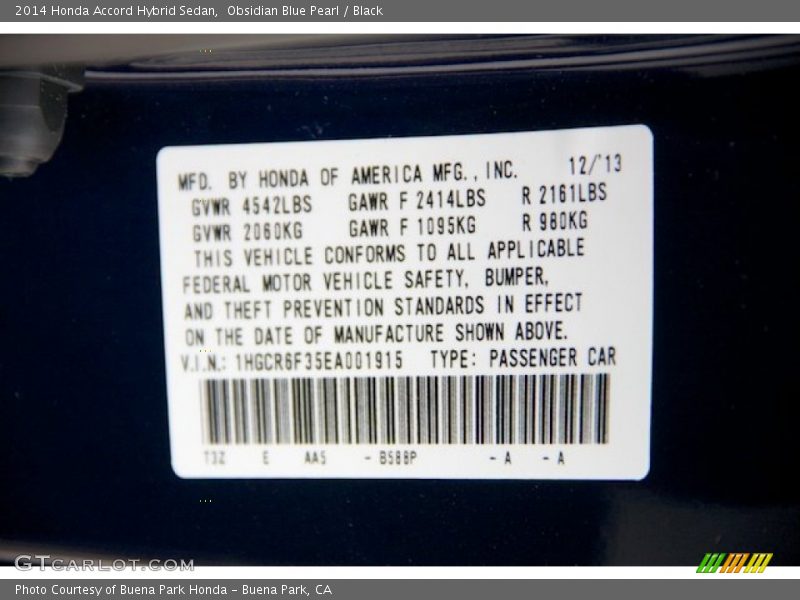 2014 Accord Hybrid Sedan Obsidian Blue Pearl Color Code B588P