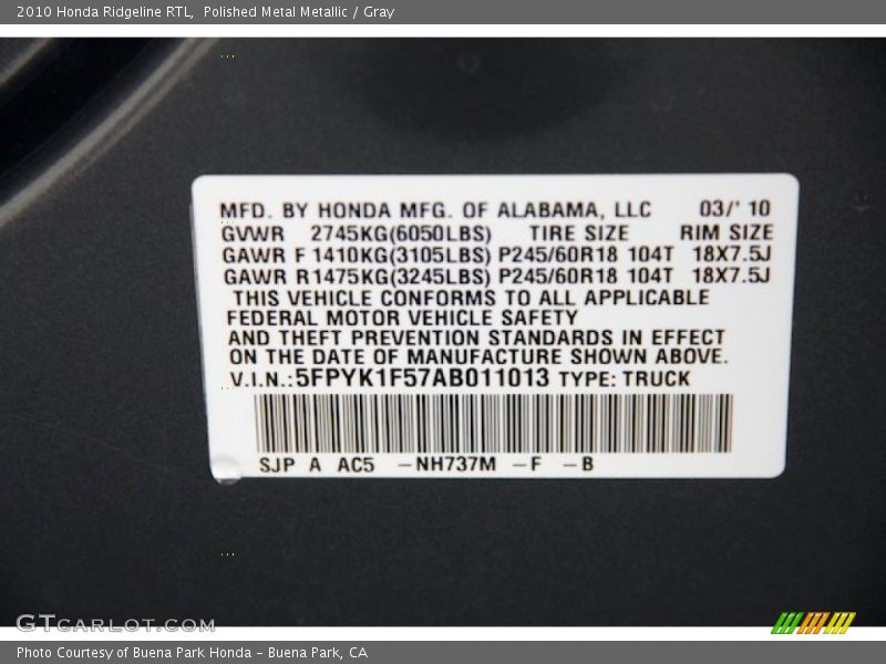 Polished Metal Metallic / Gray 2010 Honda Ridgeline RTL
