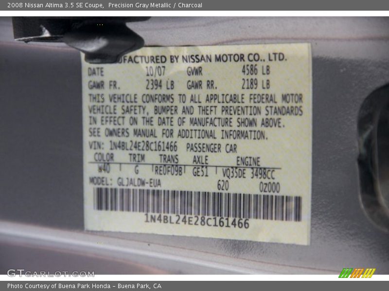 Precision Gray Metallic / Charcoal 2008 Nissan Altima 3.5 SE Coupe