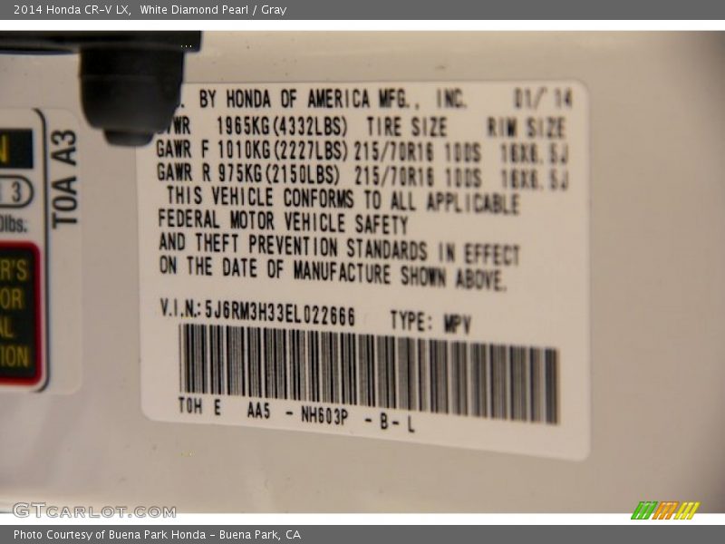 White Diamond Pearl / Gray 2014 Honda CR-V LX
