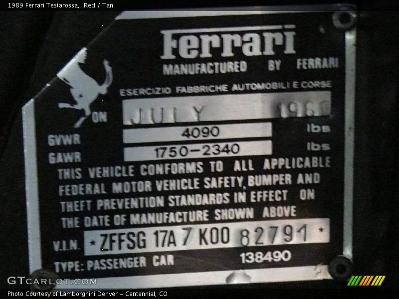 Info Tag of 1989 Testarossa 
