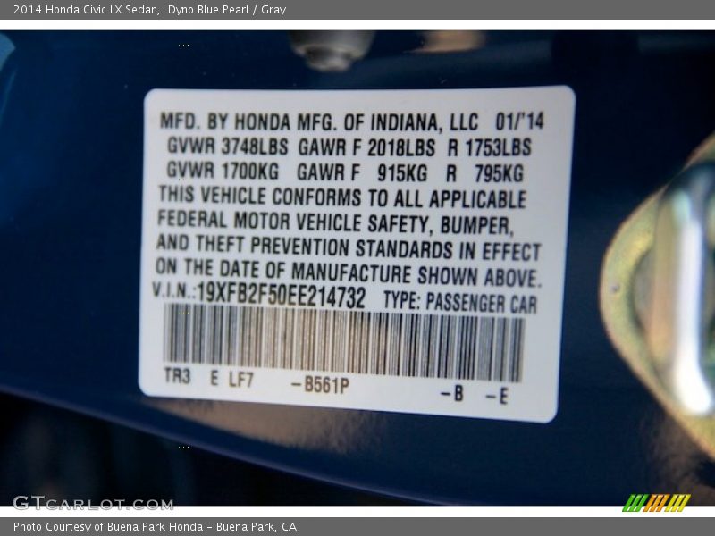 Dyno Blue Pearl / Gray 2014 Honda Civic LX Sedan