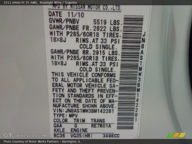 Moonlight White / Graphite 2011 Infiniti FX 35 AWD