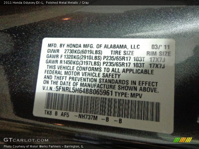 Polished Metal Metallic / Gray 2011 Honda Odyssey EX-L