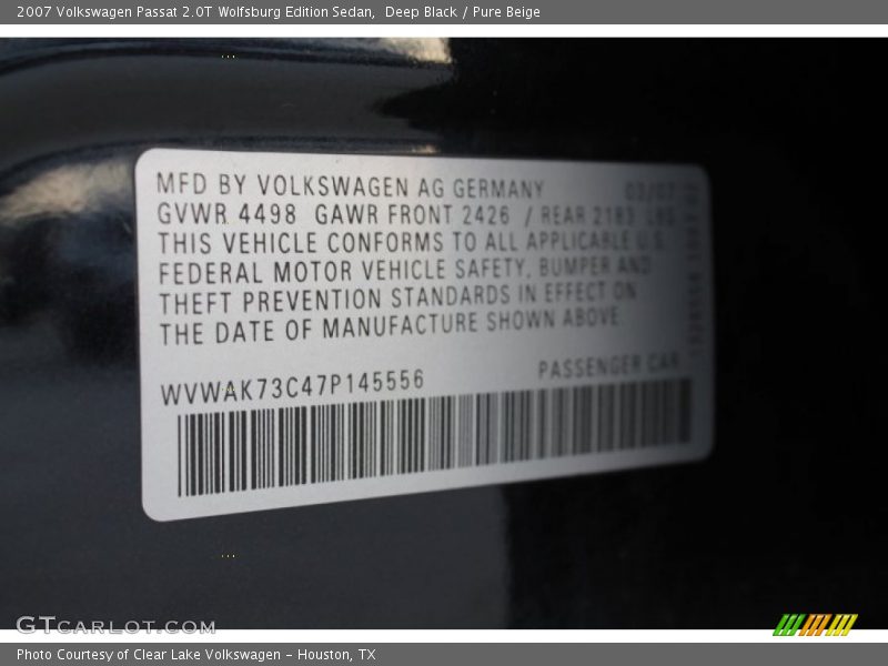 Deep Black / Pure Beige 2007 Volkswagen Passat 2.0T Wolfsburg Edition Sedan