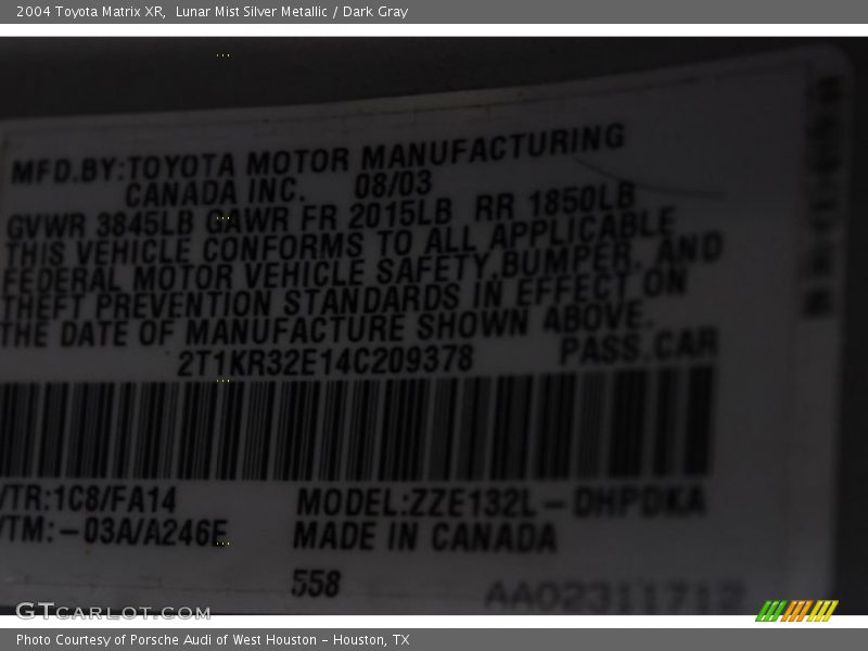 Lunar Mist Silver Metallic / Dark Gray 2004 Toyota Matrix XR