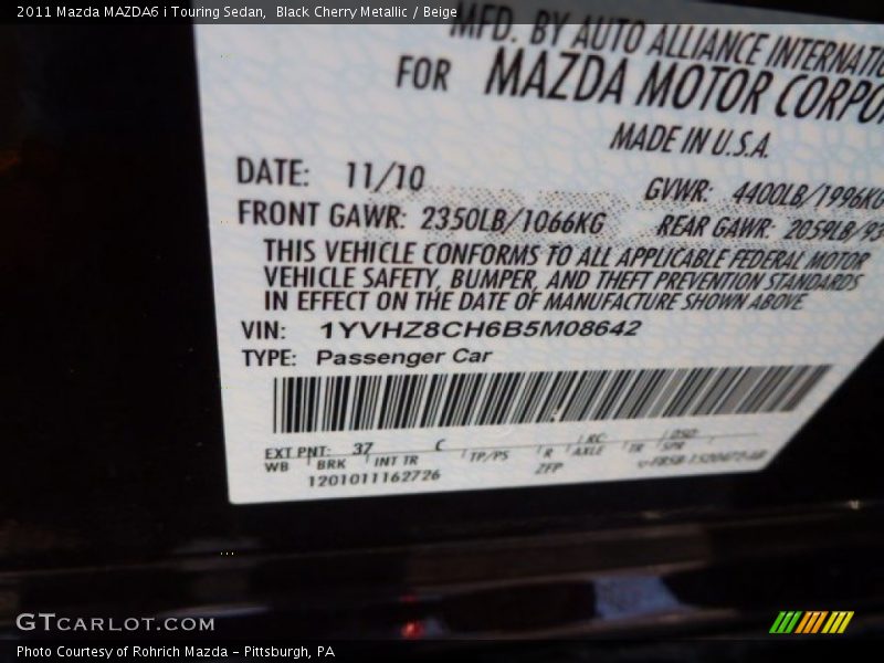 Black Cherry Metallic / Beige 2011 Mazda MAZDA6 i Touring Sedan