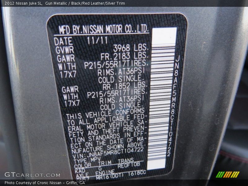 Gun Metallic / Black/Red Leather/Silver Trim 2012 Nissan Juke SL