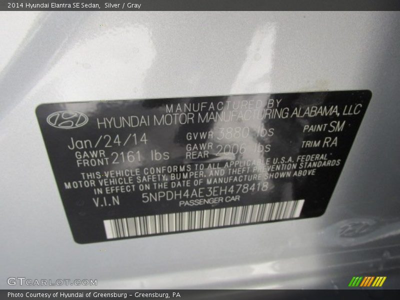 Silver / Gray 2014 Hyundai Elantra SE Sedan