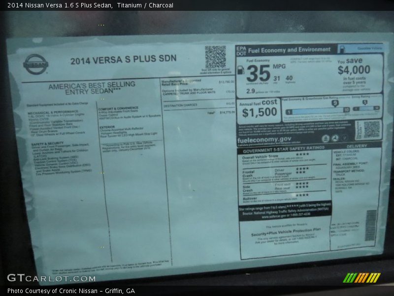  2014 Versa 1.6 S Plus Sedan Window Sticker